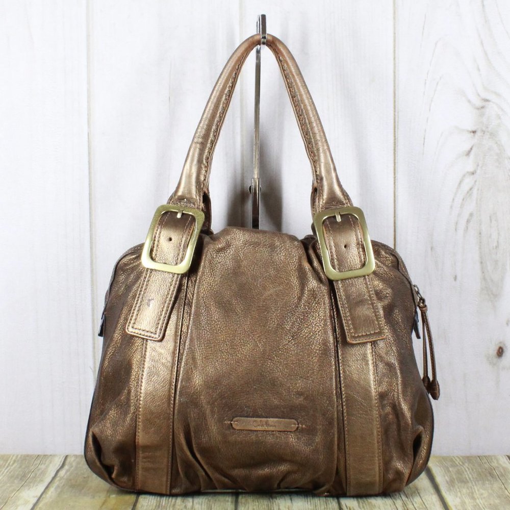 Cole Haan Gold Brown Leather Brass Buckle Double Handles Tote Shoulder Bag - Picture 1 of 12